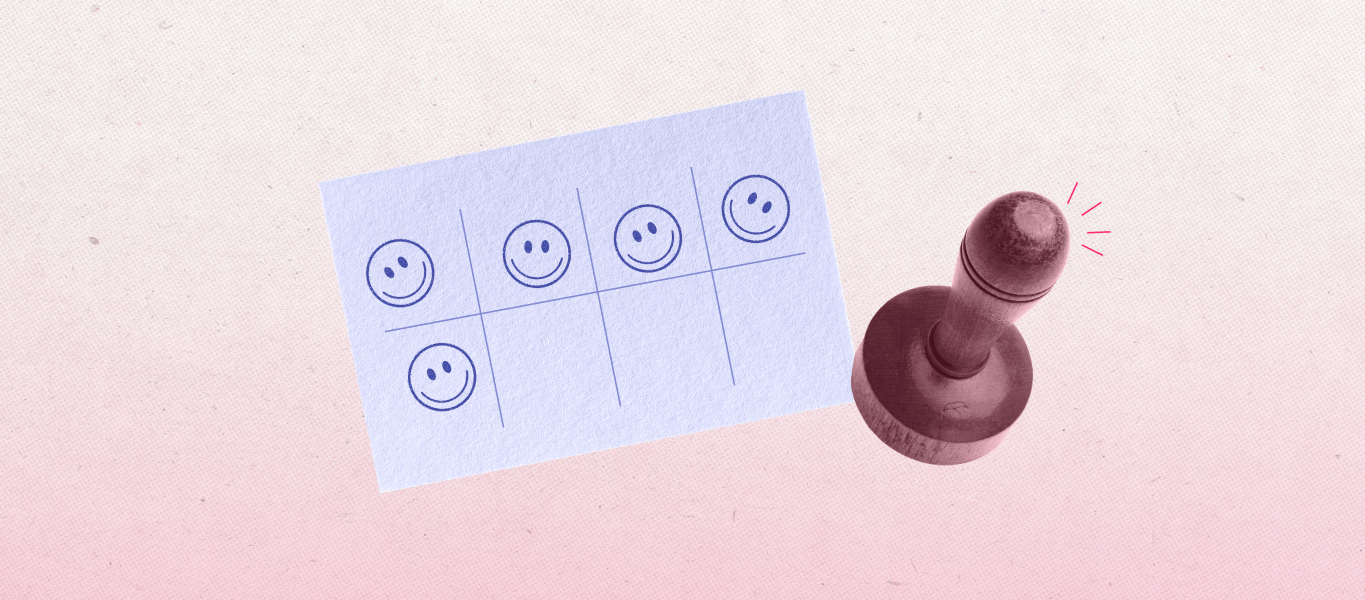 Pink background with a white customer rewards page stamped with 5 smiley faces, and a stamp resting to the right.