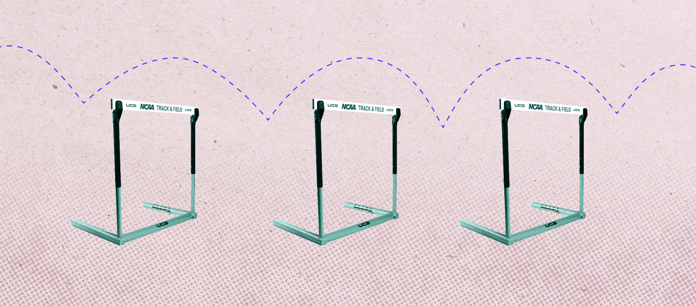 Image shows a light pink background with three hurdles and a dotted line following the trajectory above the hurdles.