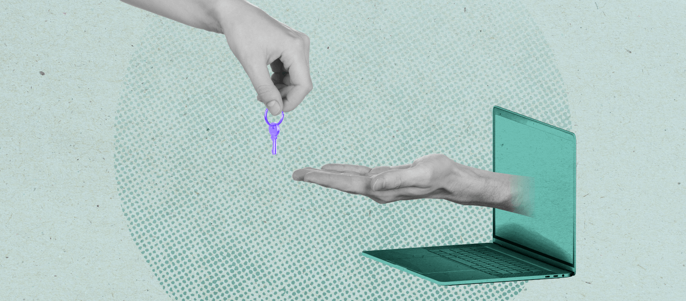 Image shows a hand giving a key to another hand sticking out of a laptop screen, visualizing customer satisfaction.