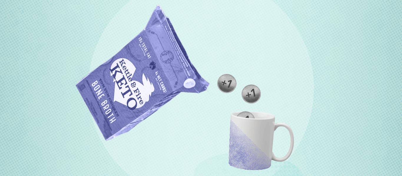 Bone broth is poured into a mug as money, signifying a stellar customer journey and successful subscriptions.