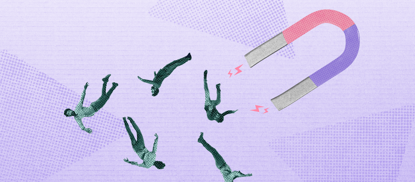 A loyalty program attracts customers, as shown by this image of a large magnet and five people attracted to it.