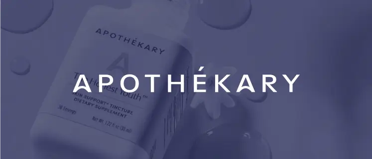 Apothékary logo superimposed over an image of an Apothékary bottle lying on a table