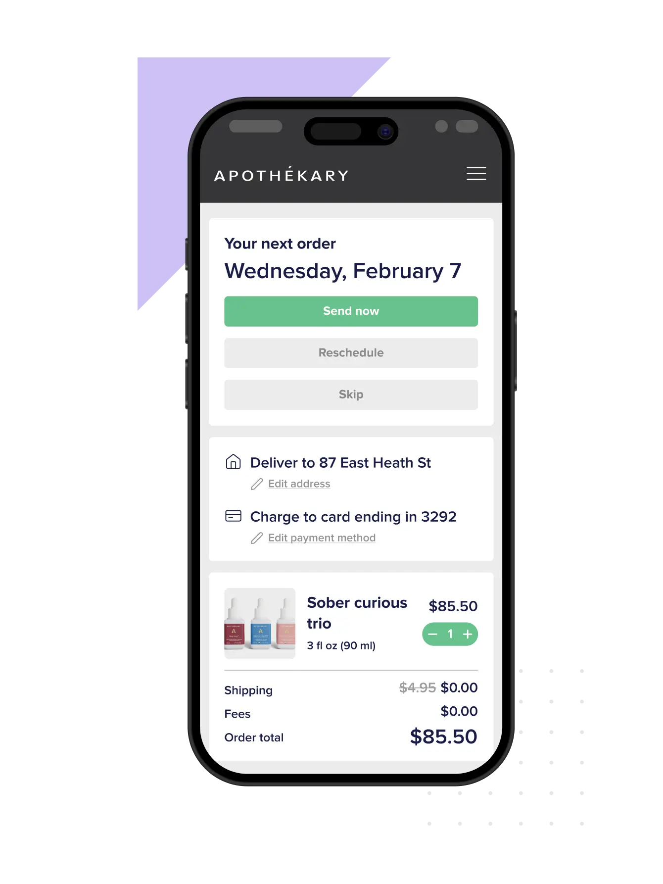 Outline of a mobile device showing the Apothékary order adjustment interface
