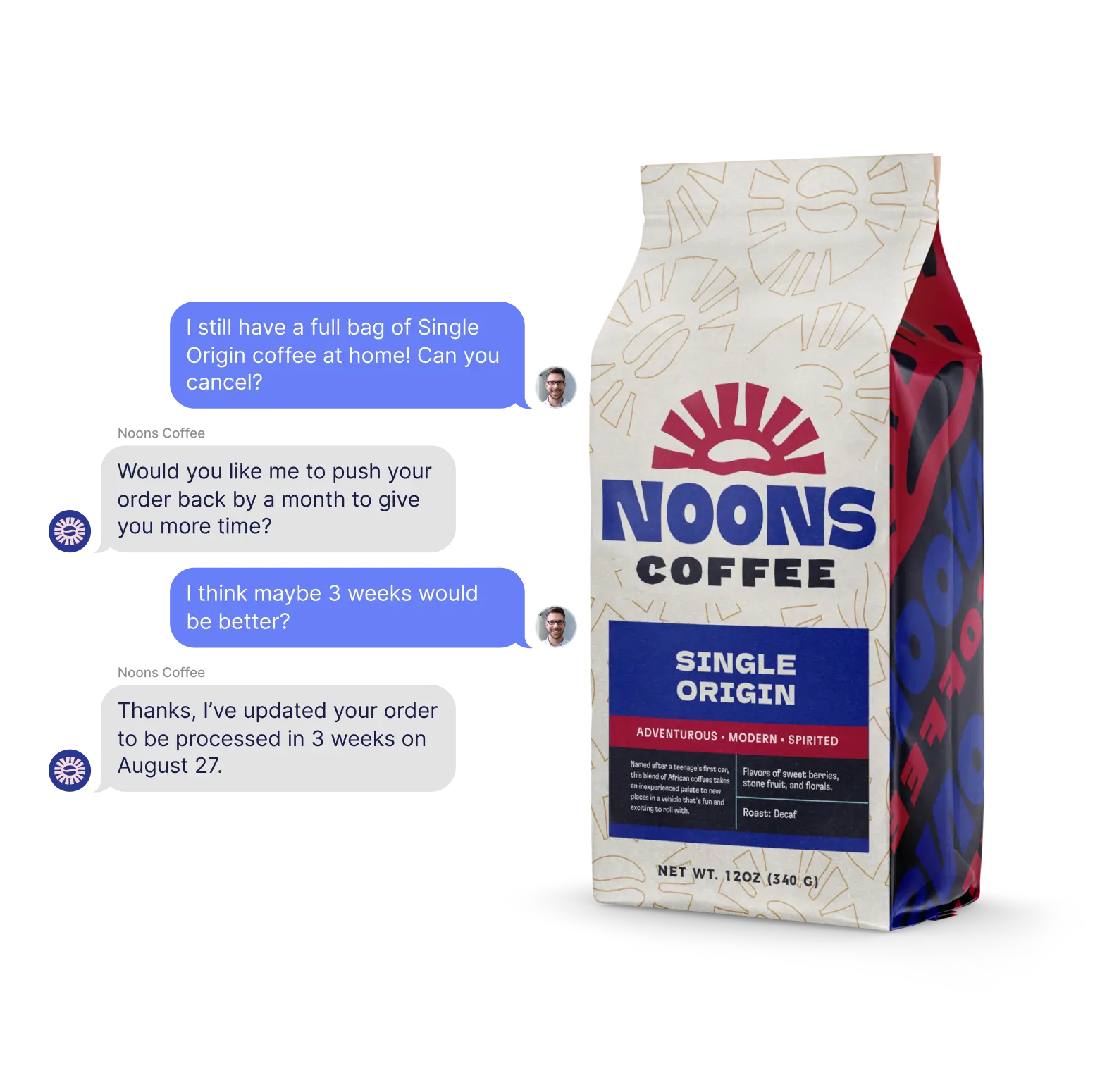 A package of Noons Coffee next to a series of chat messages