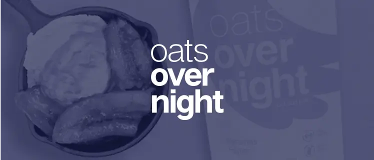 Oats Overnight logo superimposed over an image of a cast-iron skillet and a box of Oats Overnight