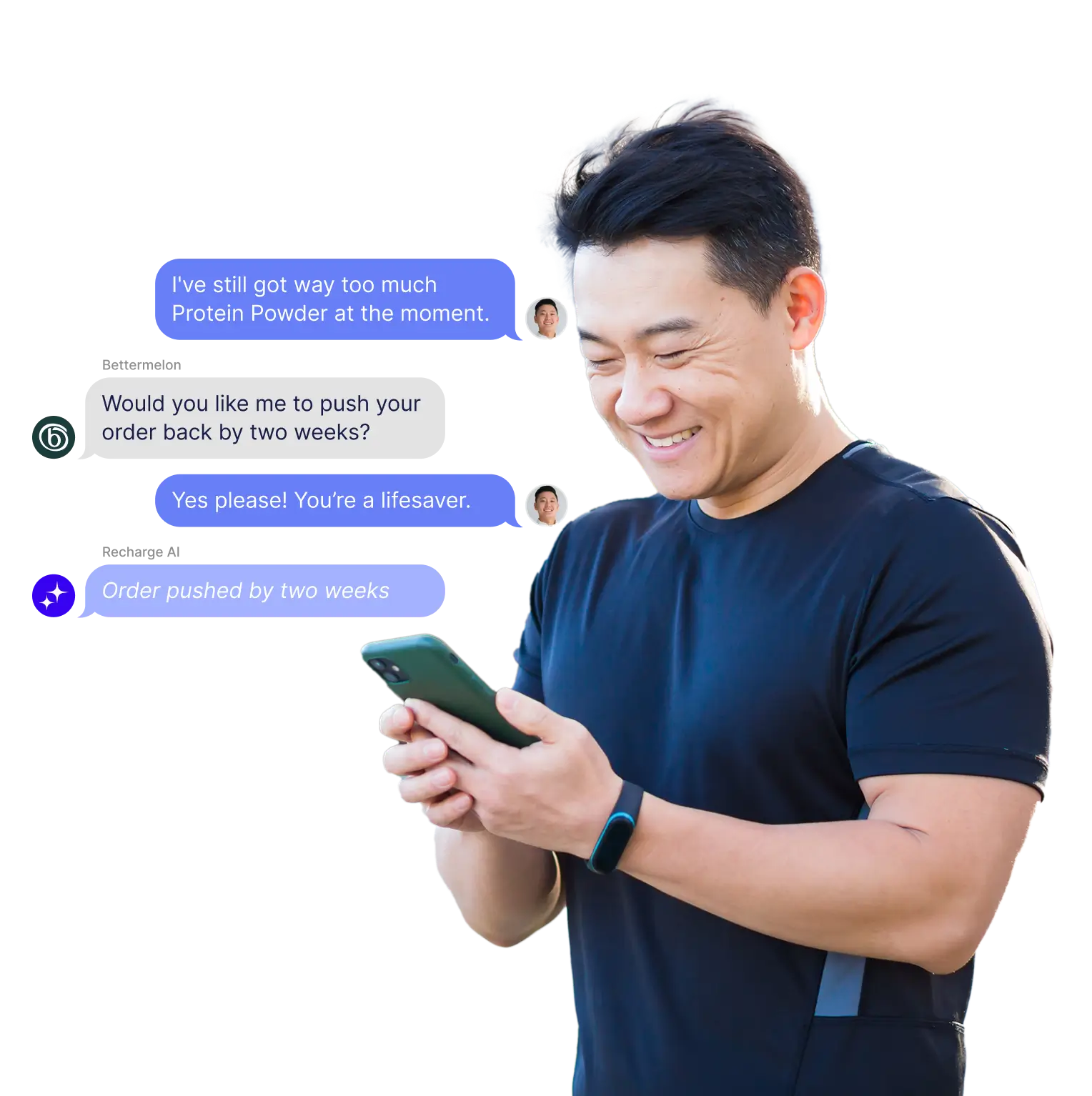 A man smiling at a series of chat interactions on his phone
