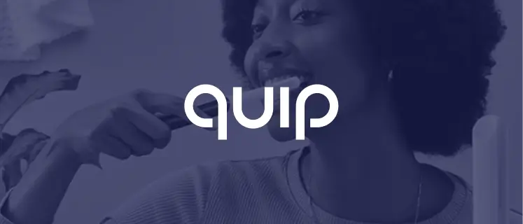 Quip logo superimposed over an image of a woman brushing her teeth with Quip